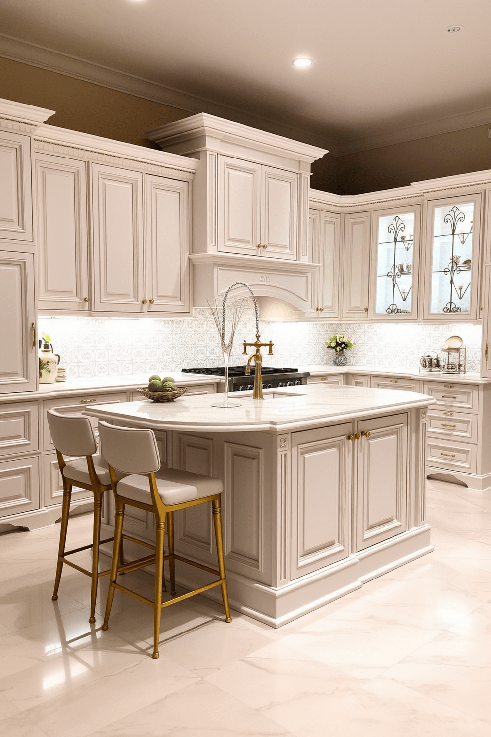 Elegant white cabinetry with gold accents. The kitchen features a spacious island with a white marble countertop, complemented by stylish bar stools. Soft ambient lighting illuminates the room, highlighting the intricate details of the cabinetry. A decorative backsplash with subtle patterns adds a touch of sophistication to the overall design.