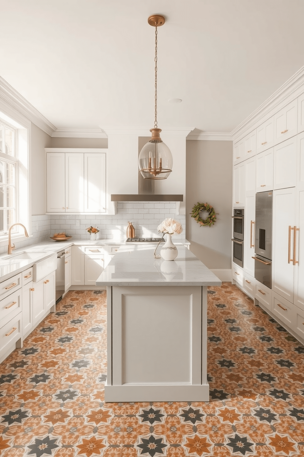 A vintage-inspired kitchen featuring intricate tile floors that blend classic patterns with a contemporary color palette. The space includes sleek cabinetry in soft white, complemented by brushed brass hardware and a large island topped with a polished quartz surface. Natural light floods the room through large windows, highlighting the warm tones of the tile and the minimalist decor. A stylish pendant light hangs above the island, adding a touch of sophistication to the inviting atmosphere.