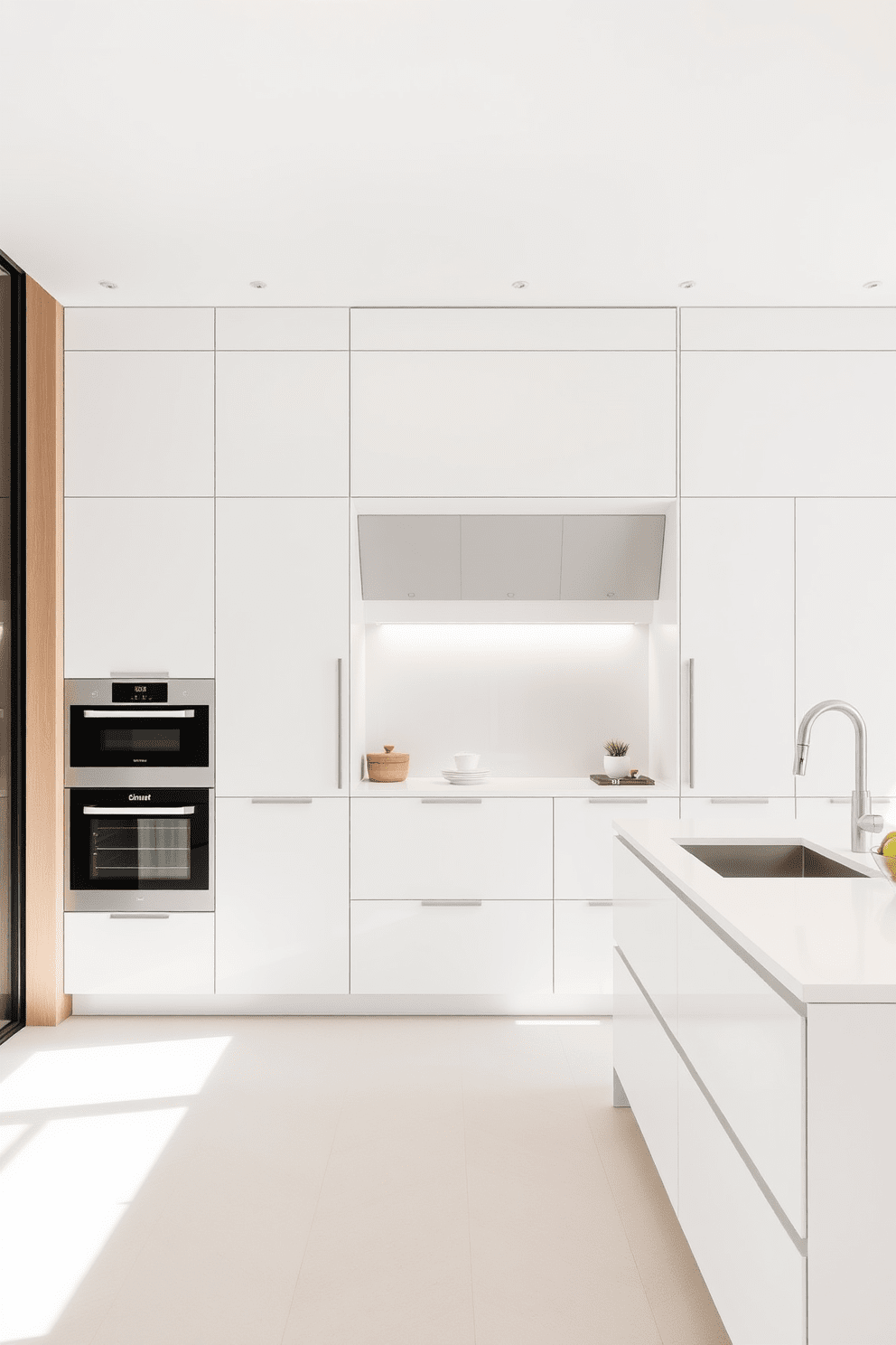 A minimalist kitchen design featuring sleek cabinetry with a seamless finish. The appliances are cleverly integrated into the cabinetry, maintaining a clean and uncluttered look. The color palette consists of soft whites and light woods, creating a bright and airy atmosphere. A large island in the center serves as both a functional workspace and a casual dining area.