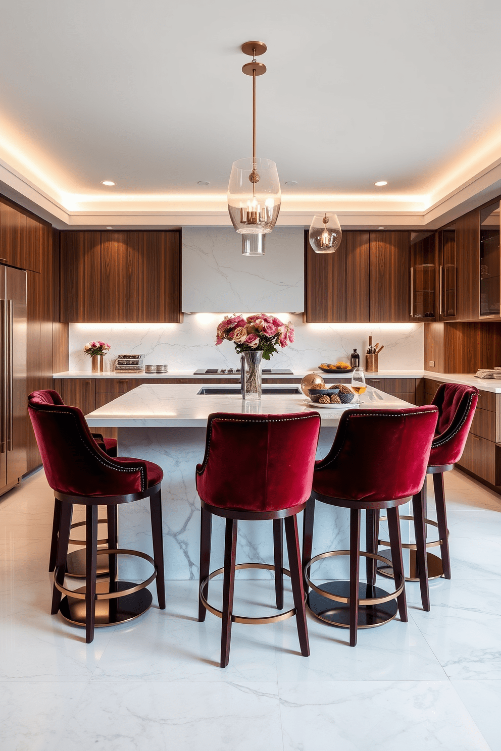 Stylish bar stools with velvet upholstery create a luxurious atmosphere in the kitchen. The stools are arranged around a sleek marble island, complementing the modern cabinetry and warm wooden accents. Elegant kitchen design ideas feature an open layout that enhances functionality and flow. Soft lighting fixtures hang above the island, casting a warm glow over the space while highlighting the rich textures and colors of the materials used.