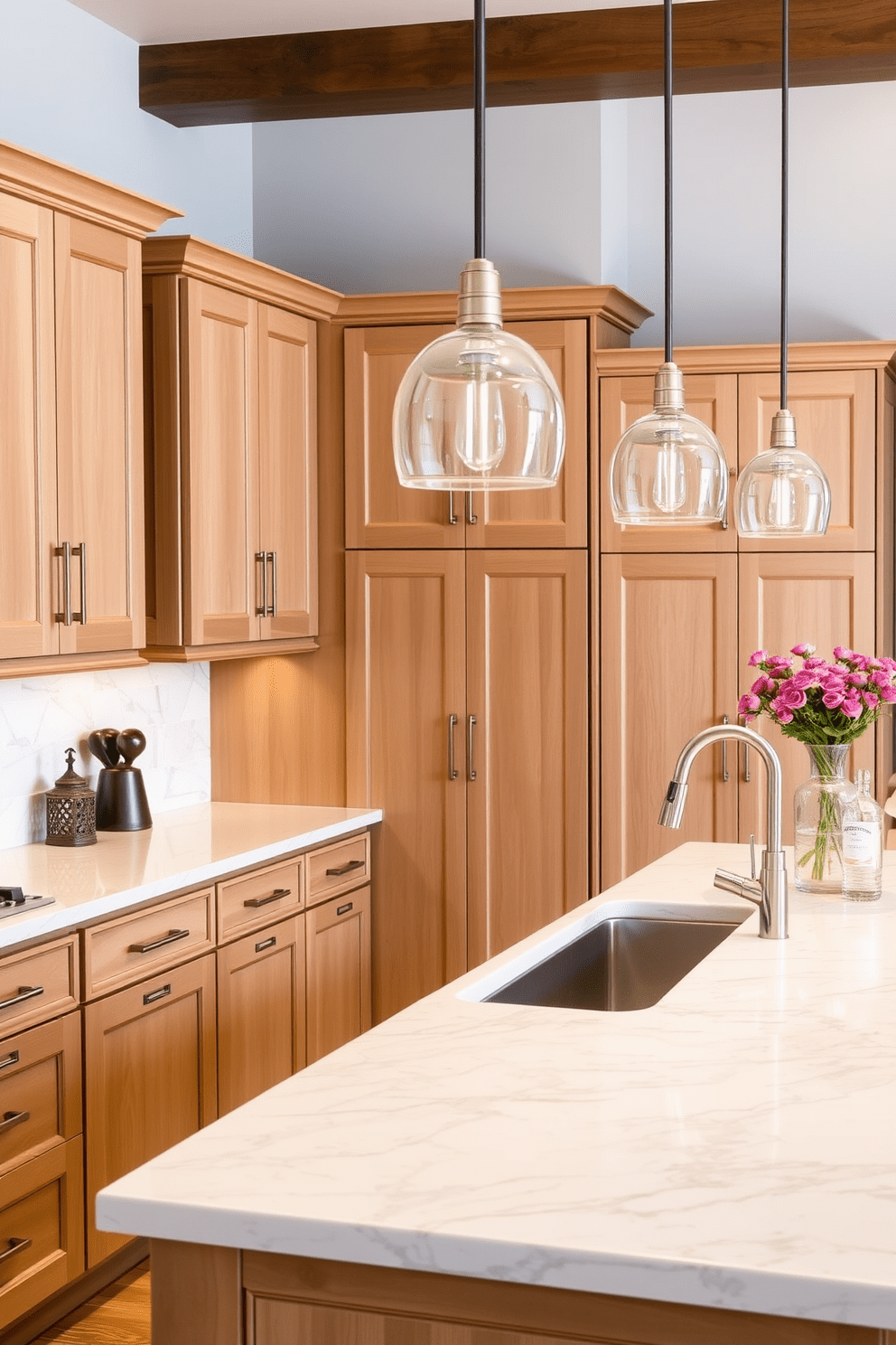 Classic shaker cabinets with sleek hardware create a timeless and inviting atmosphere in the kitchen. The warm wood tones complement the marble backsplash and the polished quartz countertop, enhancing the overall elegance of the space. A large central island features bar seating, perfect for casual dining and entertaining. Pendant lights hang gracefully above the island, providing both functionality and style while illuminating the room.