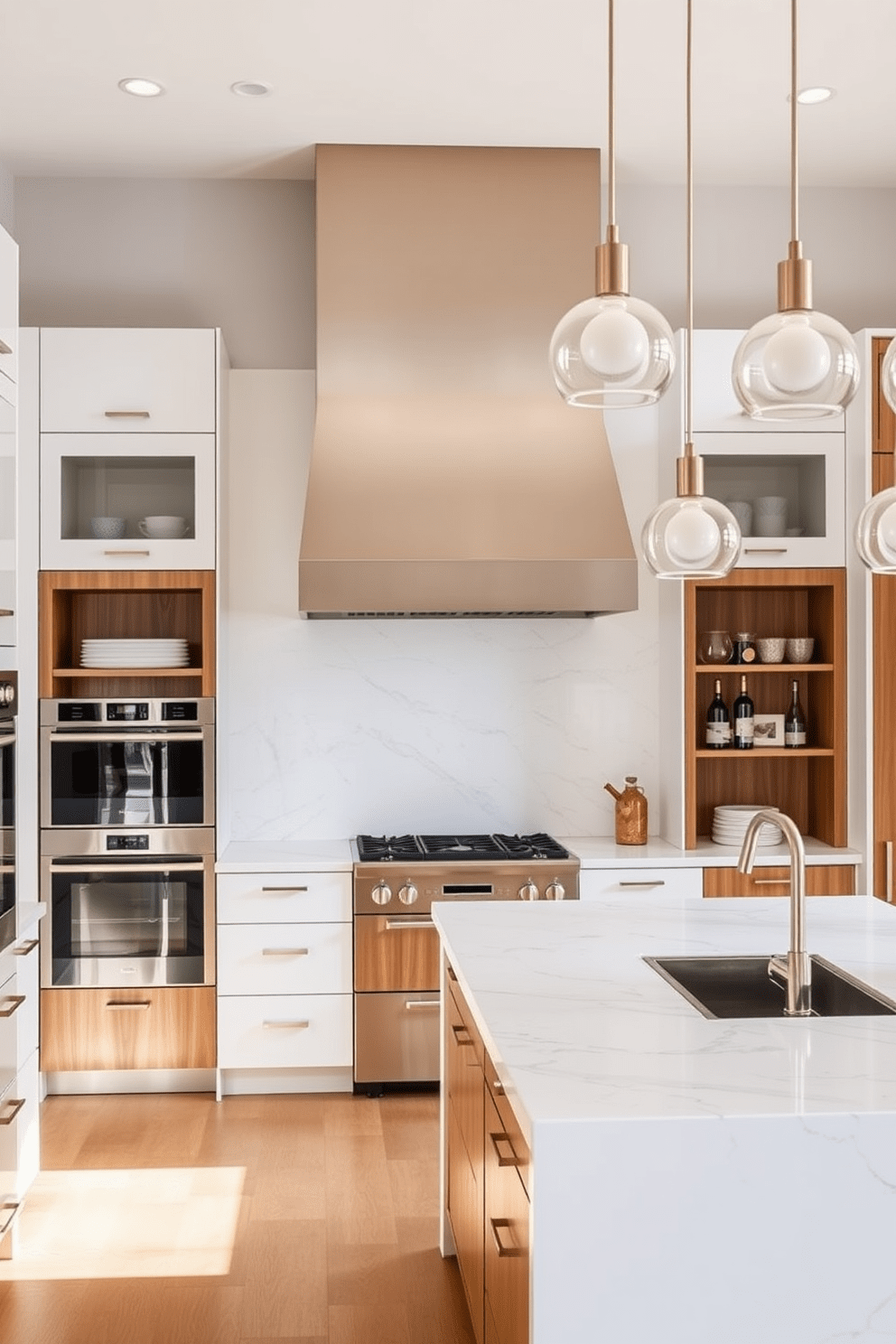 A stunning kitchen featuring a statement range hood that serves as the centerpiece of the space. The cabinetry is sleek and modern, with a mix of matte white and natural wood finishes that create a warm yet sophisticated atmosphere. The countertops are made of a luxurious quartz material with subtle veining, complementing the overall design. Pendant lights hang gracefully above the island, providing both illumination and a touch of elegance to the kitchen.