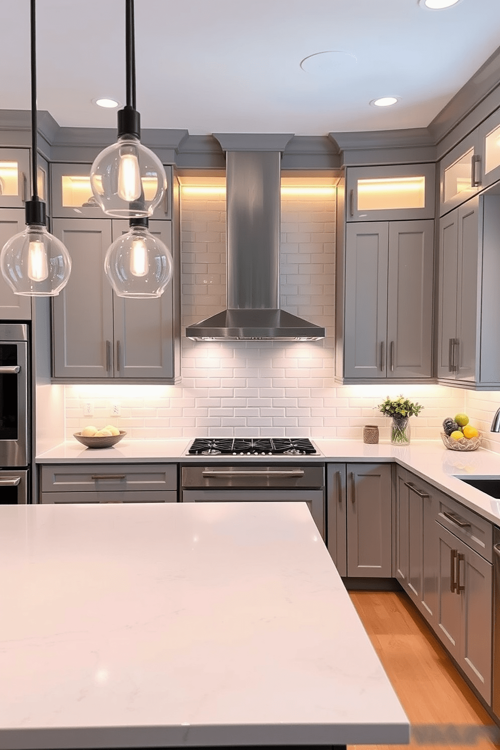 A modern kitchen featuring integrated lighting under the cabinets that creates a warm and inviting atmosphere. The design includes sleek cabinetry in a soft gray finish complemented by a large island with a white quartz countertop. Stylish pendant lights hang above the island, adding a touch of elegance to the space. The backsplash is a glossy subway tile that reflects light, enhancing the overall brightness of the kitchen.