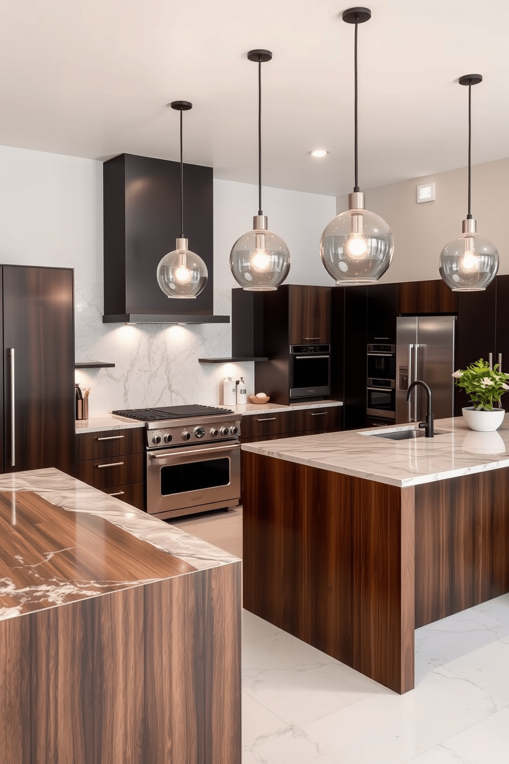 A sleek kitchen design featuring marble countertops paired with dark wood islands. The space is illuminated by pendant lights that hang gracefully above the island, creating a warm and inviting atmosphere. The cabinetry is a blend of matte black and rich wood tones, providing a modern yet timeless appeal. Stainless steel appliances are seamlessly integrated, enhancing the overall sophistication of the kitchen.