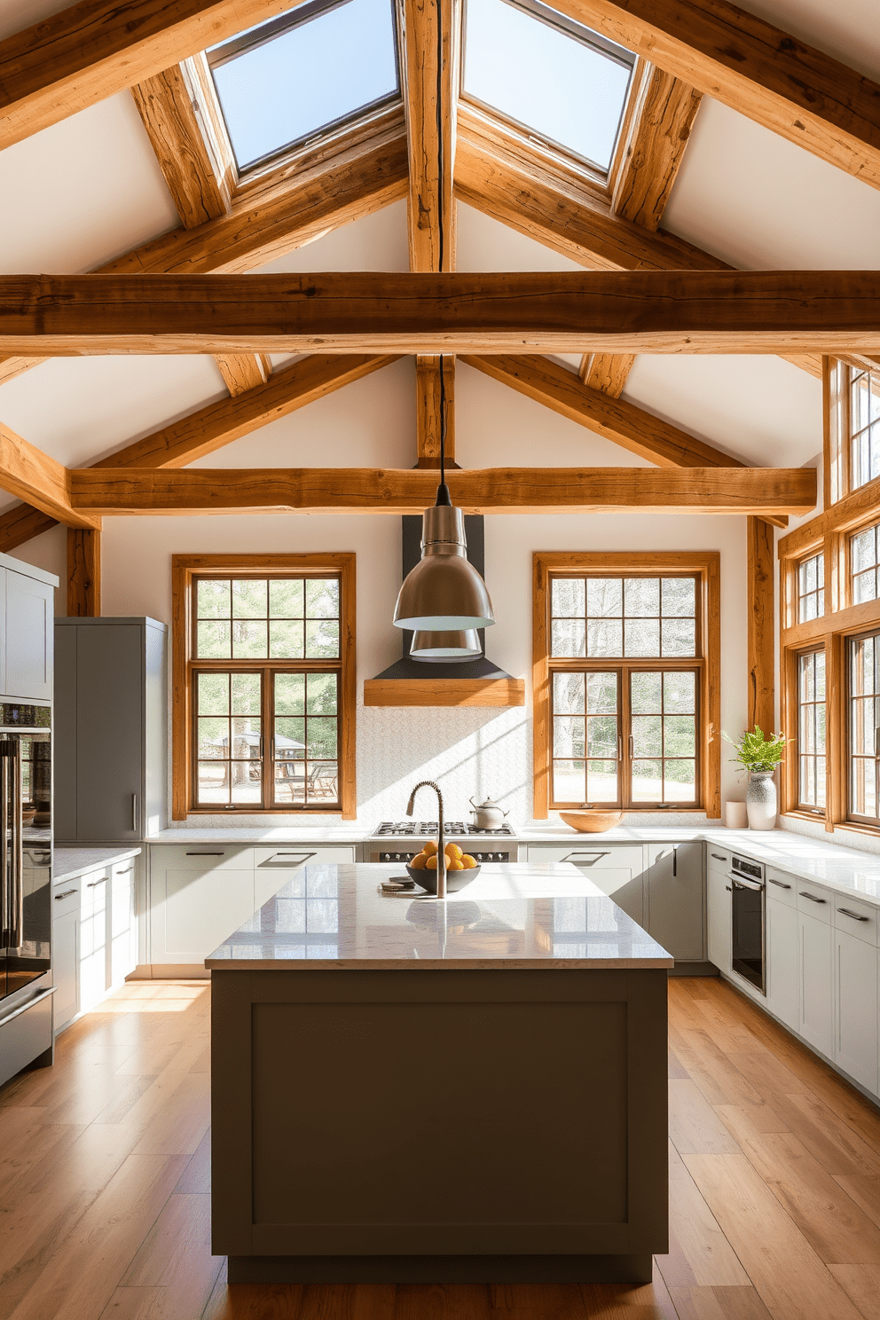 A spacious kitchen featuring rustic wooden beams that create a warm and inviting atmosphere. The cabinetry combines sleek modern lines with a matte finish, and the island is topped with a polished quartz countertop. Large windows allow natural light to flood the space, highlighting the blend of traditional and contemporary elements. Stylish pendant lights hang above the island, adding a touch of elegance to the overall design.