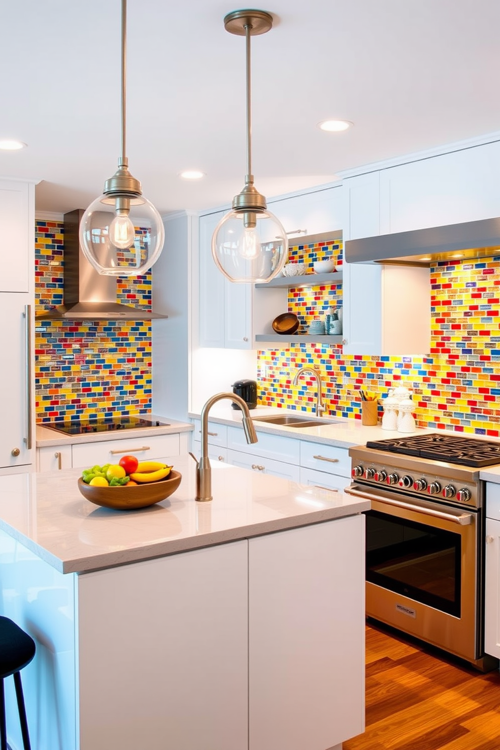 A vibrant kitchen featuring colorful backsplashes that add a striking pop of color to the space. The backsplash showcases a mosaic of bright tiles in shades of blue, yellow, and red, creating a lively focal point against the sleek white cabinets. The kitchen is designed with an open layout, incorporating a large island with bar seating. Elegant pendant lights hang above the island, complementing the modern stainless steel appliances and enhancing the overall sophistication of the design.