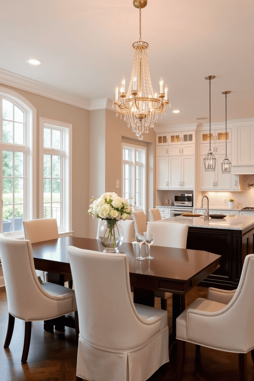 Elegant dining area adjacent to kitchen. The dining table is a rich dark wood with comfortable upholstered chairs in a soft neutral fabric. A stunning chandelier hangs above the table, casting a warm glow over the space. Large windows allow natural light to flood in, enhancing the inviting atmosphere. Elegant kitchen design ideas feature sleek cabinetry in a soft white finish paired with a contrasting dark island. The countertops are a beautiful quartz with subtle veining, complemented by stylish pendant lights above the island.