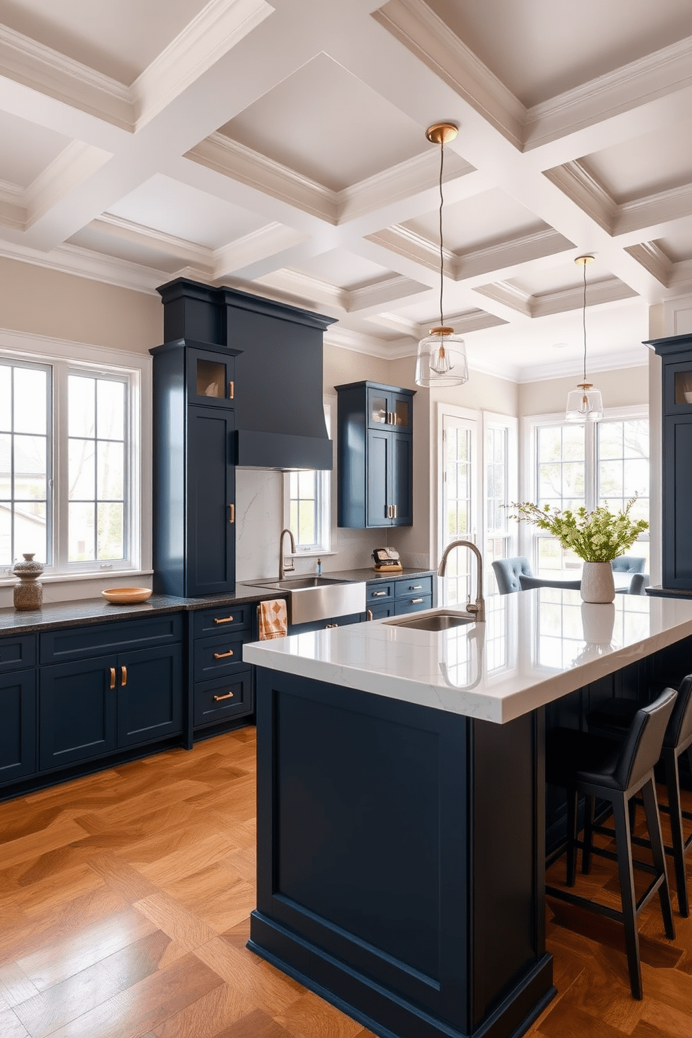 Crown molding enhances the ceiling height, creating an illusion of spaciousness in the kitchen. The cabinetry is a rich navy blue, complemented by brass hardware and a white marble backsplash. A large island with a waterfall countertop serves as the focal point, surrounded by stylish bar stools. Natural light floods the space through oversized windows, illuminating the warm wood floors.