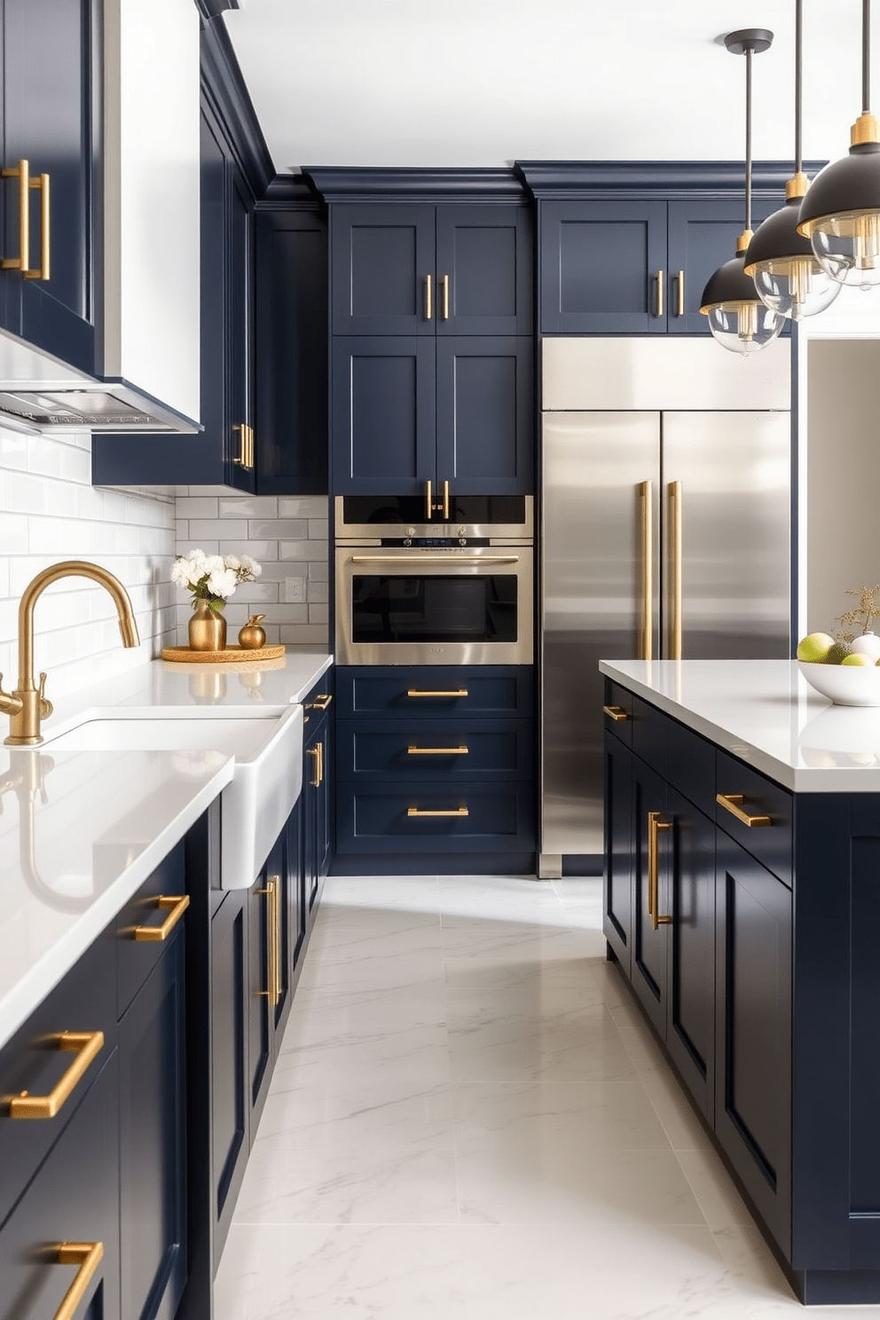 A stylish kitchen featuring a blend of metals with brushed nickel and brass accents throughout. The cabinetry is a deep navy blue with sleek gold hardware, complemented by a large island topped with white quartz and a brushed brass faucet. The backsplash consists of glossy white subway tiles with a hint of metallic sheen. Pendant lights with a mix of matte black and polished brass hang above the island, creating a warm and inviting atmosphere.