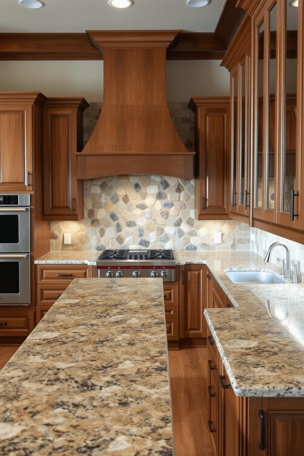 A spacious kitchen featuring natural stone accents that create a timeless and inviting atmosphere. The countertops are made of polished granite, and the backsplash showcases a beautiful mosaic of natural stones in earthy tones. The cabinetry is crafted from rich wood with a matte finish, providing a warm contrast to the stone elements. A large island in the center is topped with the same granite, offering ample space for meal preparation and casual dining.