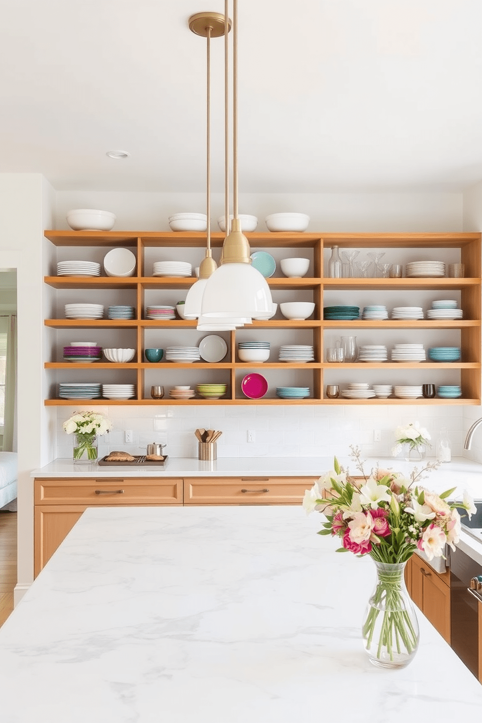 A bright and airy kitchen featuring open shelving that showcases an exquisite collection of colorful dishware. The shelves are made of natural wood and are adorned with neatly arranged plates, bowls, and glassware that add warmth and character to the space. The kitchen has a sleek island with a marble countertop, providing ample space for meal preparation and casual dining. Pendant lights hang above the island, casting a soft glow that enhances the inviting atmosphere of this elegant kitchen design.