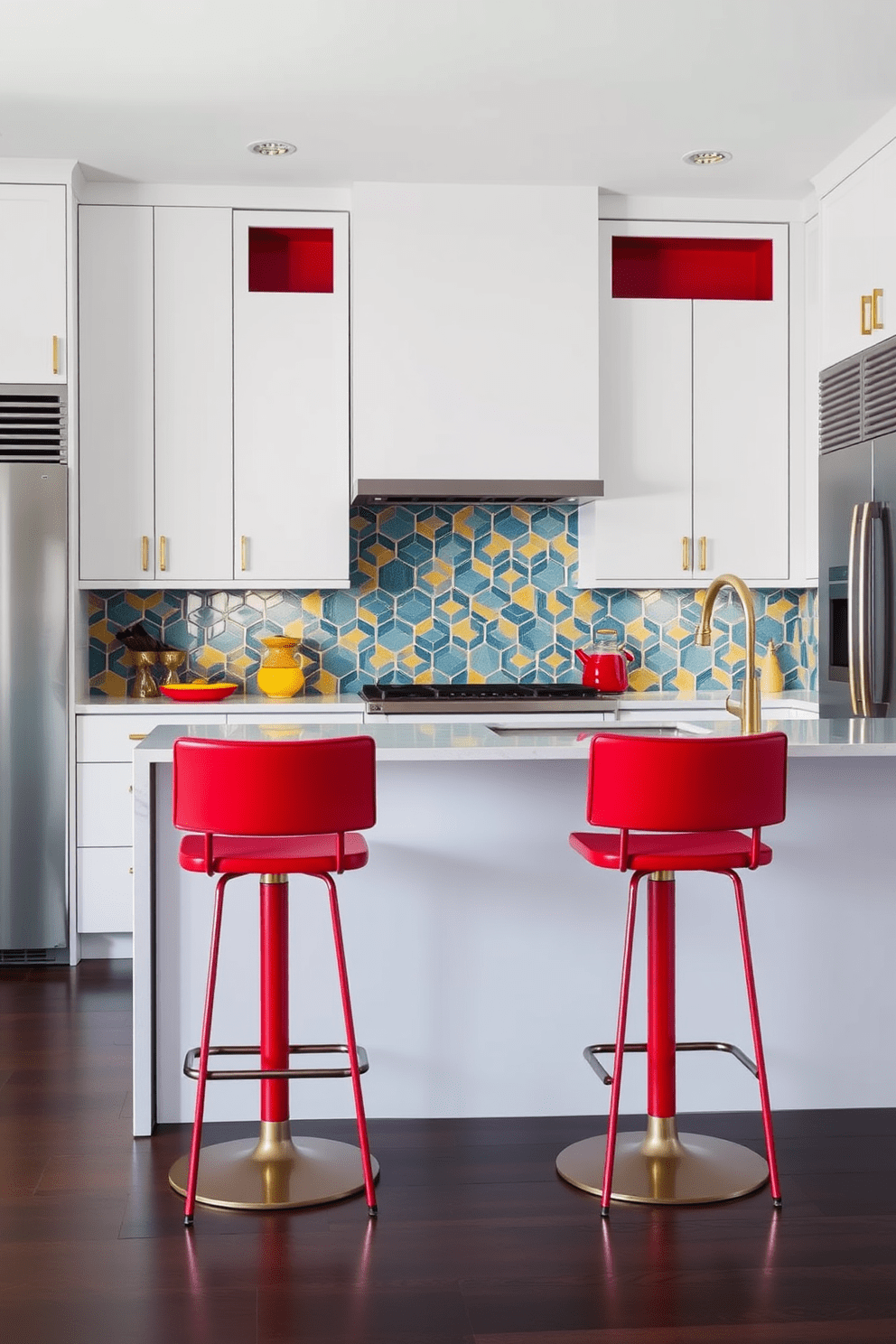 A contemporary kitchen featuring bold colors in small accent pieces. The cabinetry is a sleek white, while vibrant red bar stools add a pop of color around the island. The backsplash showcases a geometric pattern in shades of blue and yellow. Subtle gold fixtures complement the overall design, creating a luxurious yet inviting atmosphere.