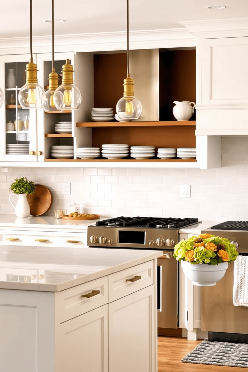 A bright and airy kitchen featuring a subway tile backsplash in soft pastel colors. The cabinetry is a crisp white, complemented by brass hardware and open shelving displaying curated dishware. The kitchen island is topped with a light marble surface, providing ample space for meal preparation and casual dining. Pendant lights with a vintage flair hang above the island, adding warmth and character to the space.