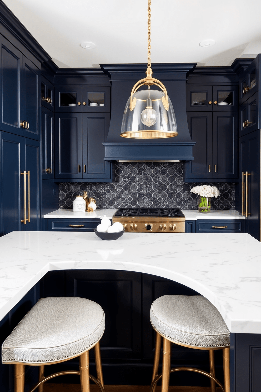 A stunning kitchen featuring navy blue cabinets that add a touch of sophistication. The space is enhanced by brass fixtures that gleam against the rich cabinetry, creating a perfect blend of modern and classic elements. The countertops are made of white marble with subtle gray veining, providing a bright contrast to the dark cabinets. A large island in the center serves as both a functional workspace and a gathering spot, adorned with stylish bar stools.