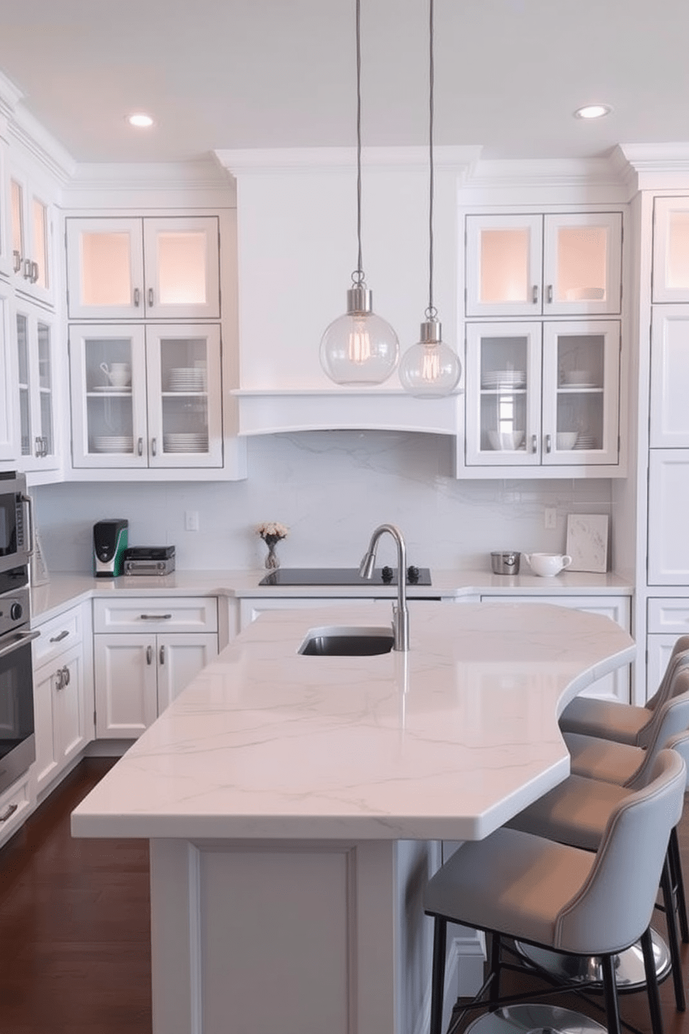 A bright and airy kitchen featuring glass-front cabinets that allow for a glimpse of neatly arranged dishware. The cabinetry is painted in a soft white hue, complemented by a marble backsplash that adds a touch of luxury. An expansive island with a waterfall countertop serves as the centerpiece of the space, surrounded by stylish bar stools. Pendant lights hang gracefully above the island, illuminating the area with a warm glow.