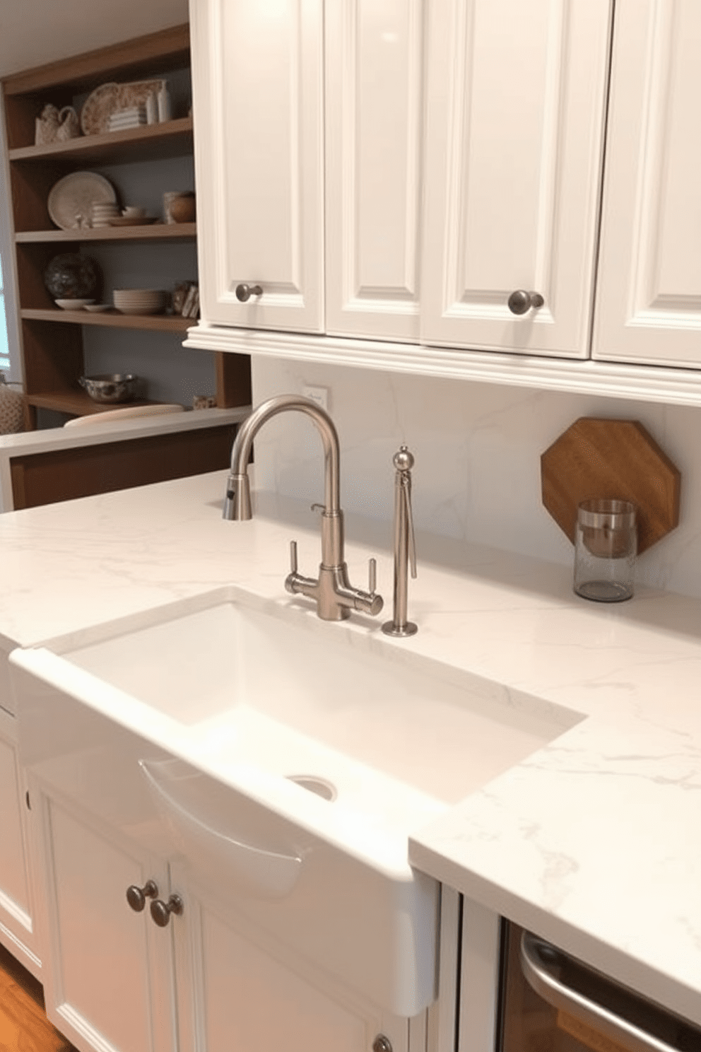 A charming farmhouse sink is the centerpiece of this elegant kitchen, featuring modern stainless steel faucets that add a sleek touch. The cabinetry is painted in a soft white, complemented by a beautiful marble backsplash and warm wooden accents throughout the space.