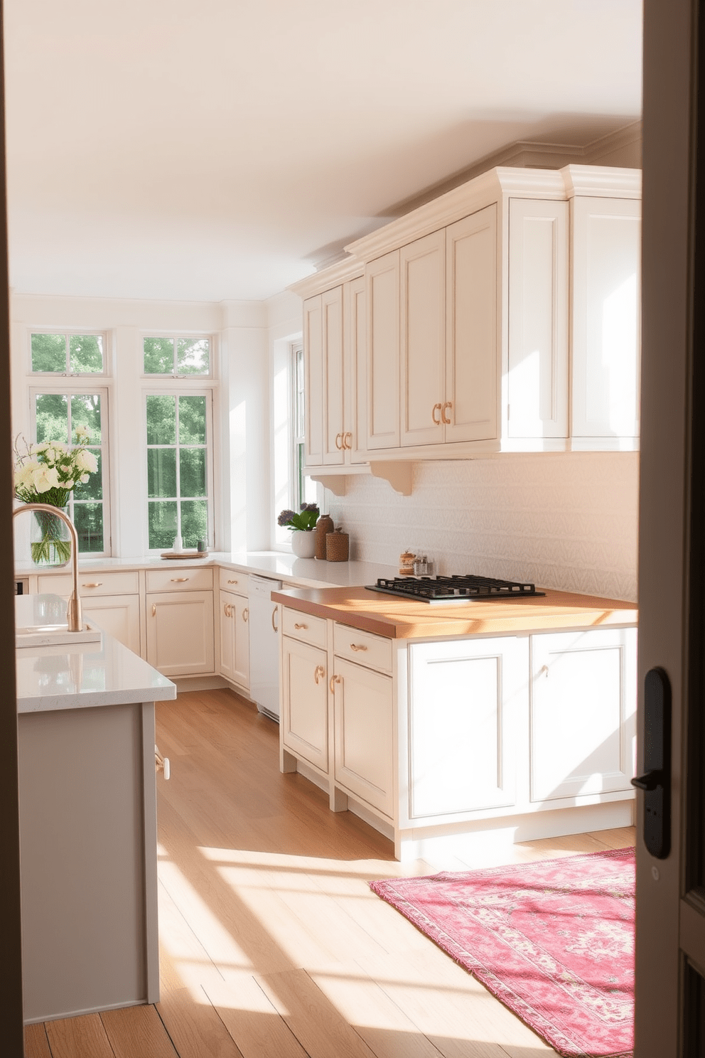 A spacious kitchen featuring a neutral color palette with warm textures. The cabinetry is a soft cream with brushed brass hardware, complemented by a large island topped with a warm wood surface. The backsplash consists of textured white tiles, adding depth to the design. Natural light floods the space through large windows, highlighting the inviting atmosphere.