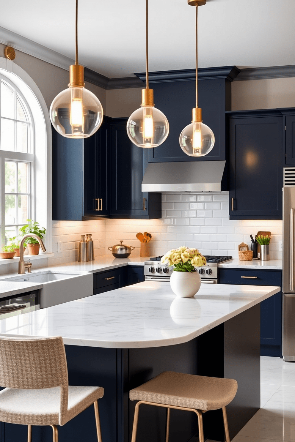 Chic pendant lights hang gracefully above a large kitchen island, illuminating the space with a warm glow. The island features a sleek marble countertop complemented by modern bar stools in a stylish fabric. The cabinetry is a rich navy blue, creating a striking contrast with the white backsplash tiles. Stainless steel appliances add a contemporary touch, while potted herbs on the windowsill bring life to the space.