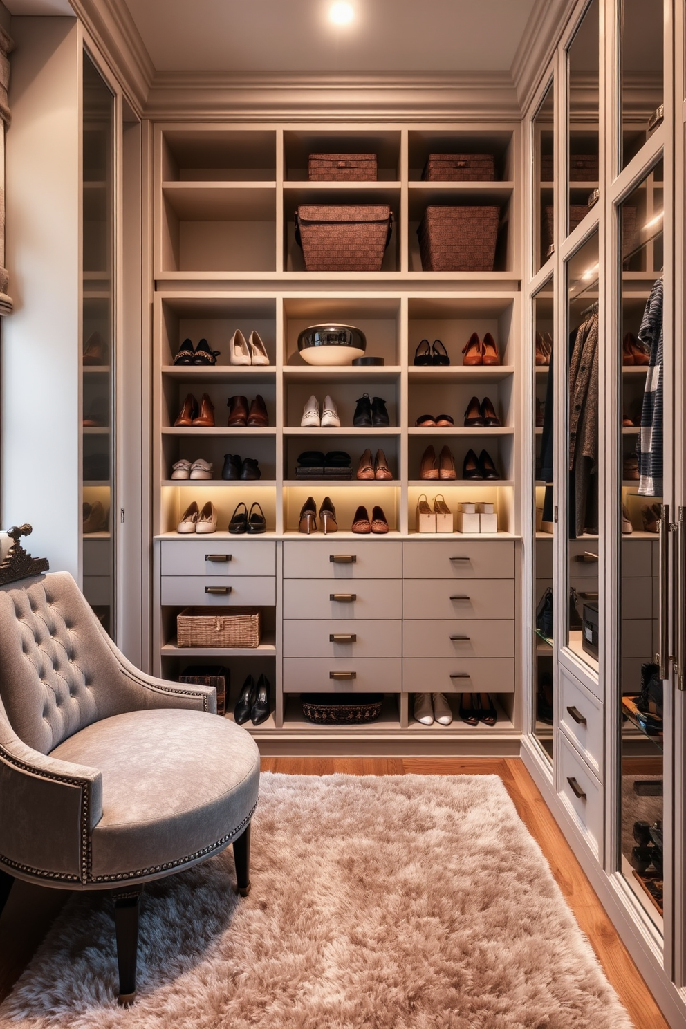 Open shelving for easy access creates a functional yet stylish storage solution. This design features neatly arranged shoes and accessories, allowing for quick selection and a visually pleasing display. Elegant walk-in-closet design ideas incorporate luxurious materials and thoughtful organization. The space is enhanced with soft lighting, a plush rug, and a seating area for a sophisticated touch.