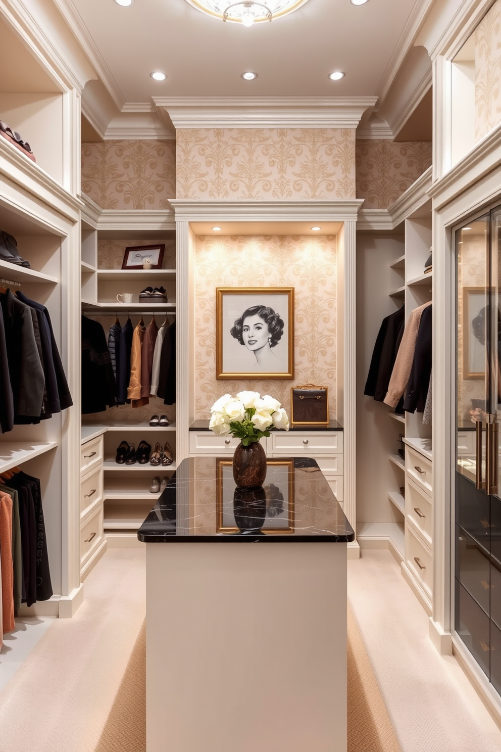 Elegant wallpaper for added texture. The walls are adorned with a luxurious damask pattern in soft gold and cream tones, creating a warm and inviting atmosphere. Elegant Walk-In-Closet Design Ideas. The closet features custom shelving and hanging space, with a central island topped with a polished marble surface for accessories and storage.