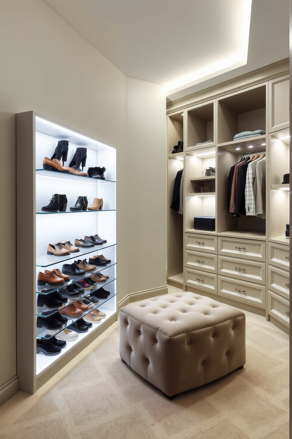 A sleek shoe rack is designed with clean lines and integrated LED lighting that illuminates the footwear displayed. The rack is positioned against a wall with a soft neutral color, creating a modern and inviting atmosphere. The elegant walk-in closet features custom cabinetry with ample storage space for clothing and accessories. A plush ottoman is placed in the center, while ambient lighting enhances the luxurious feel of the space.