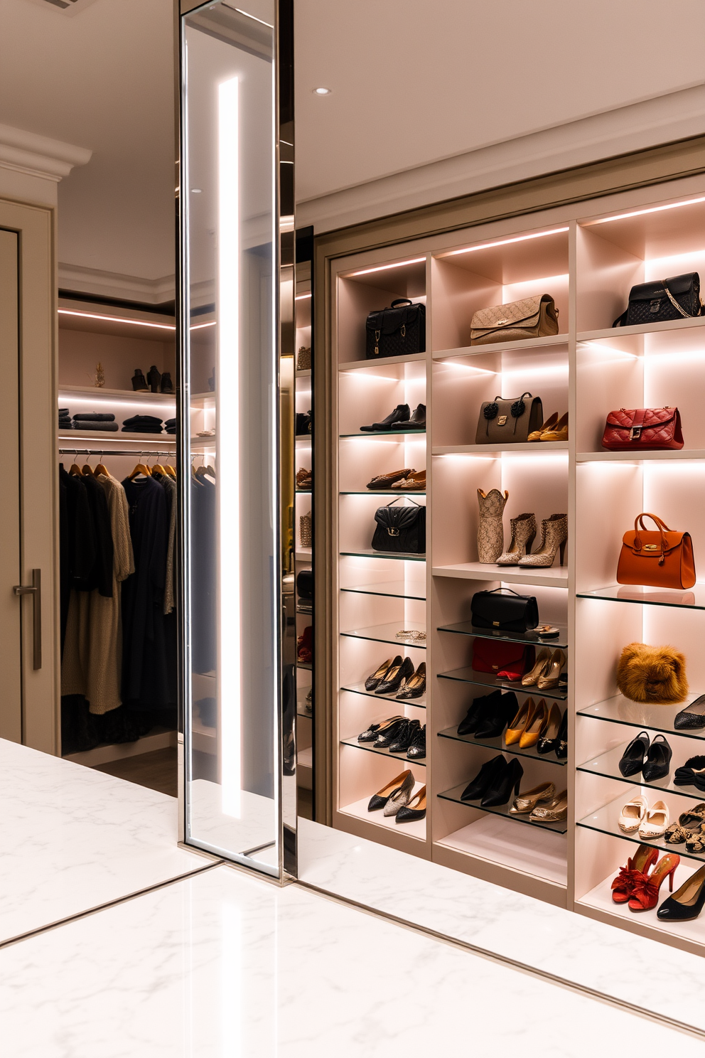 A dressing mirror with built-in lighting is the focal point of this elegant walk-in closet. The mirror is framed in polished chrome and positioned above a sleek marble countertop, enhancing the overall sophistication of the space. The closet features custom shelving and hanging spaces, beautifully organized to display an array of designer shoes and handbags. Soft ambient lighting illuminates the room, creating a warm and inviting atmosphere that complements the luxurious finishes throughout.