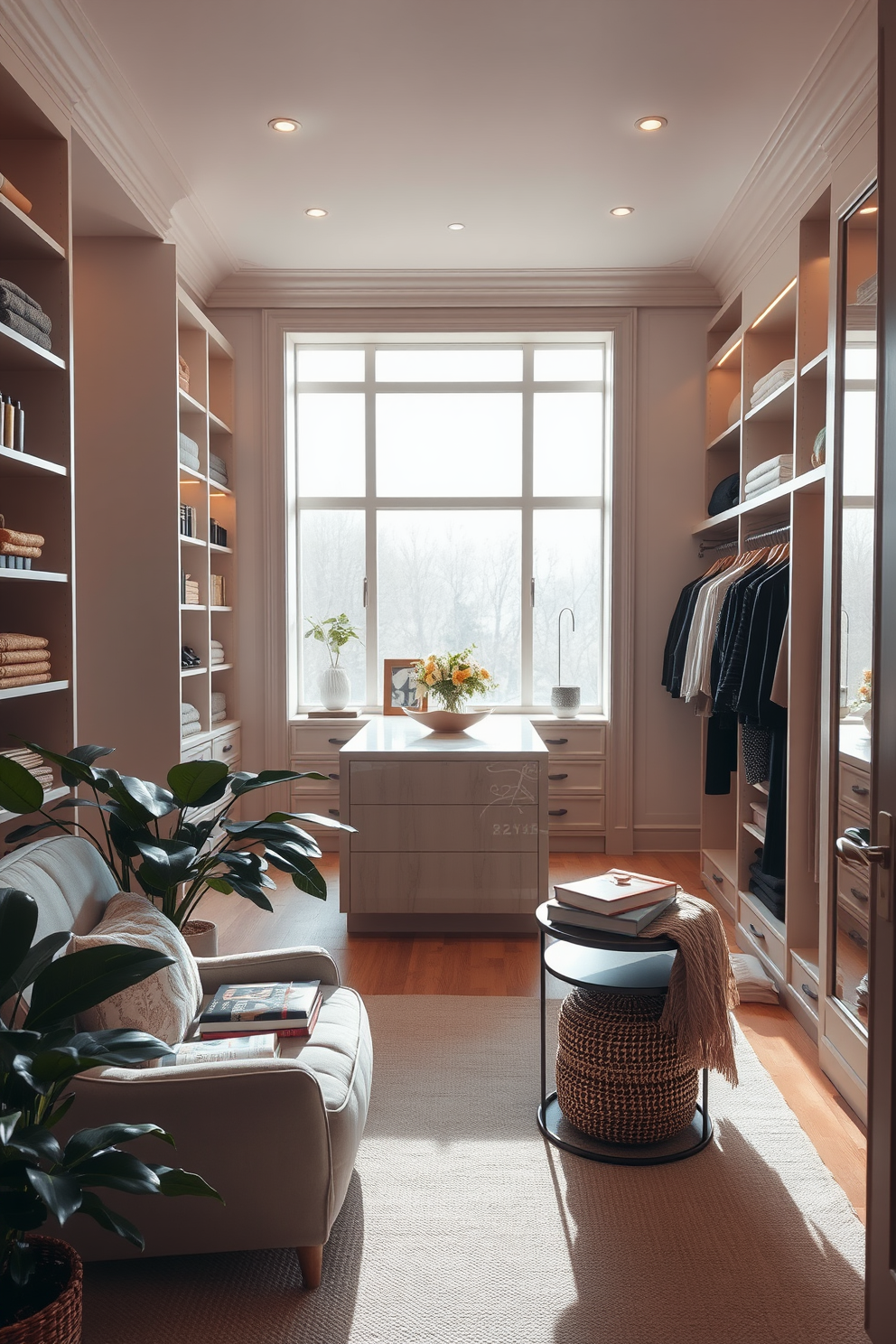 Cozy reading nook with natural light. A plush armchair is positioned next to a large window, allowing sunlight to pour in and illuminate the space. Soft throw blankets and a stack of books rest on a small side table, creating an inviting atmosphere. The walls are adorned with light, neutral colors, and a lush indoor plant adds a touch of greenery to the corner. Elegant walk-in-closet design ideas. The closet features custom shelving and hanging space, with a chic island in the center for accessories and jewelry. Soft ambient lighting highlights the organized displays, while a full-length mirror reflects the elegance of the space. Neutral tones and rich textures create a luxurious feel, making it a perfect retreat for fashion enthusiasts.