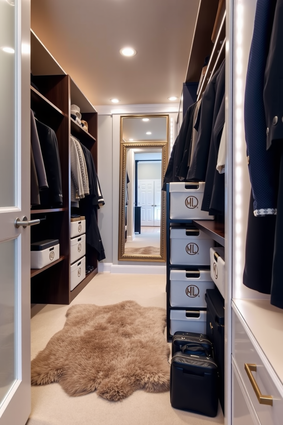 A luxurious walk-in closet featuring personalized monogrammed storage bins that add a touch of elegance and organization. The space is adorned with soft ambient lighting, a plush area rug, and a full-length mirror that enhances the overall sophistication.