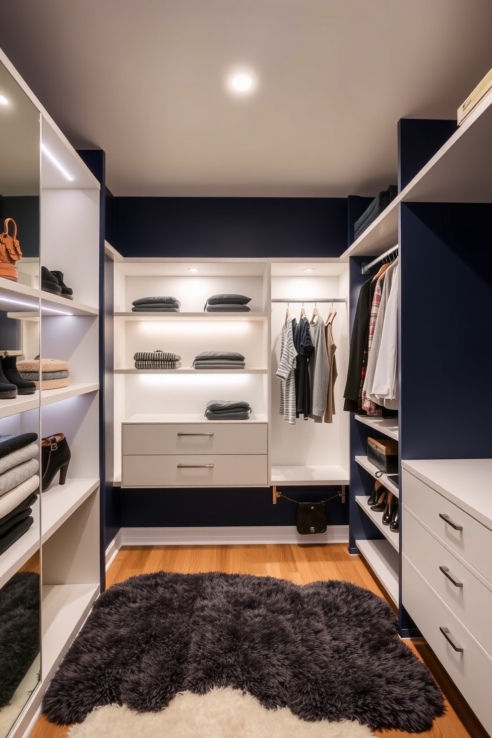 A bold accent wall painted in a deep navy blue serves as the focal point of the walk-in closet. The space features custom shelving and hanging options that maximize storage while maintaining a sleek aesthetic. Soft LED lighting illuminates the closet, highlighting the textures of the clothing and accessories displayed. A plush area rug adds warmth and comfort underfoot, creating an inviting atmosphere for dressing.