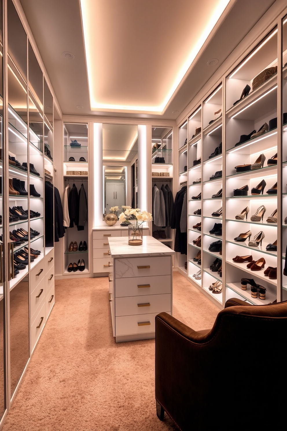 A luxurious walk-in closet featuring integrated lighting that highlights the sleek shelving and shoe displays. The space includes a central island with a marble top, surrounded by custom cabinetry in a soft white finish. The closet is designed with full-length mirrors that reflect the ambient light, creating an open and airy feel. Plush carpeting underfoot adds warmth and comfort, while elegant accessories enhance the overall sophistication of the space.