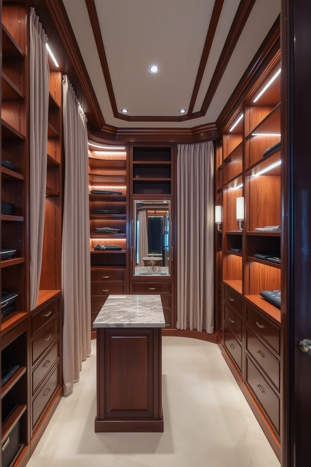 A luxurious walk-in closet featuring floor-to-ceiling custom shelving made of rich mahogany wood. Soft ambient lighting highlights the plush fabric curtains that provide privacy and a touch of elegance. The closet includes a central island with a marble top for accessories and jewelry display. A full-length mirror is strategically placed to enhance the sense of space and sophistication.