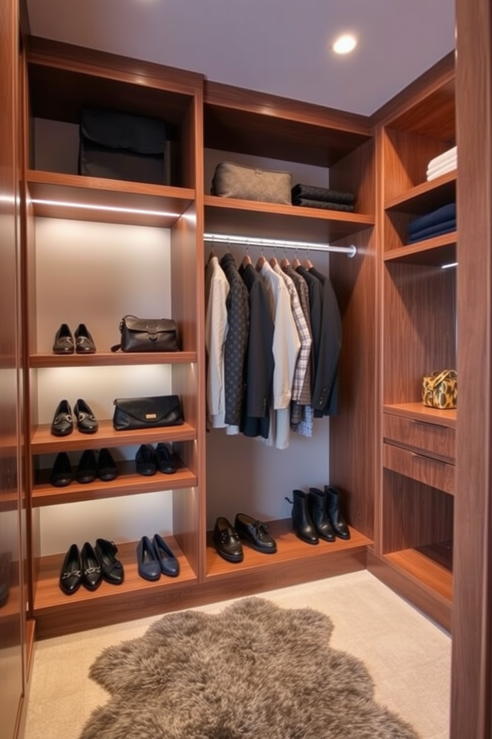 Custom built-in shelves for organization. The shelves are crafted from rich wood with a smooth finish, providing ample space for shoes, bags, and accessories. Elegant walk-in-closet design ideas. Soft lighting illuminates the space, highlighting the carefully arranged garments and accessories while a plush area rug adds warmth underfoot.