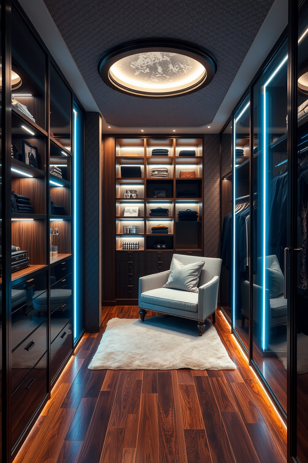 A luxurious walk-in closet featuring hidden compartments for valuable items. The space is illuminated by soft lighting, highlighting elegant shelving and a plush seating area. The walls are adorned with rich textures, and the flooring is a polished hardwood. Mirrors are strategically placed to enhance the sense of space and sophistication.