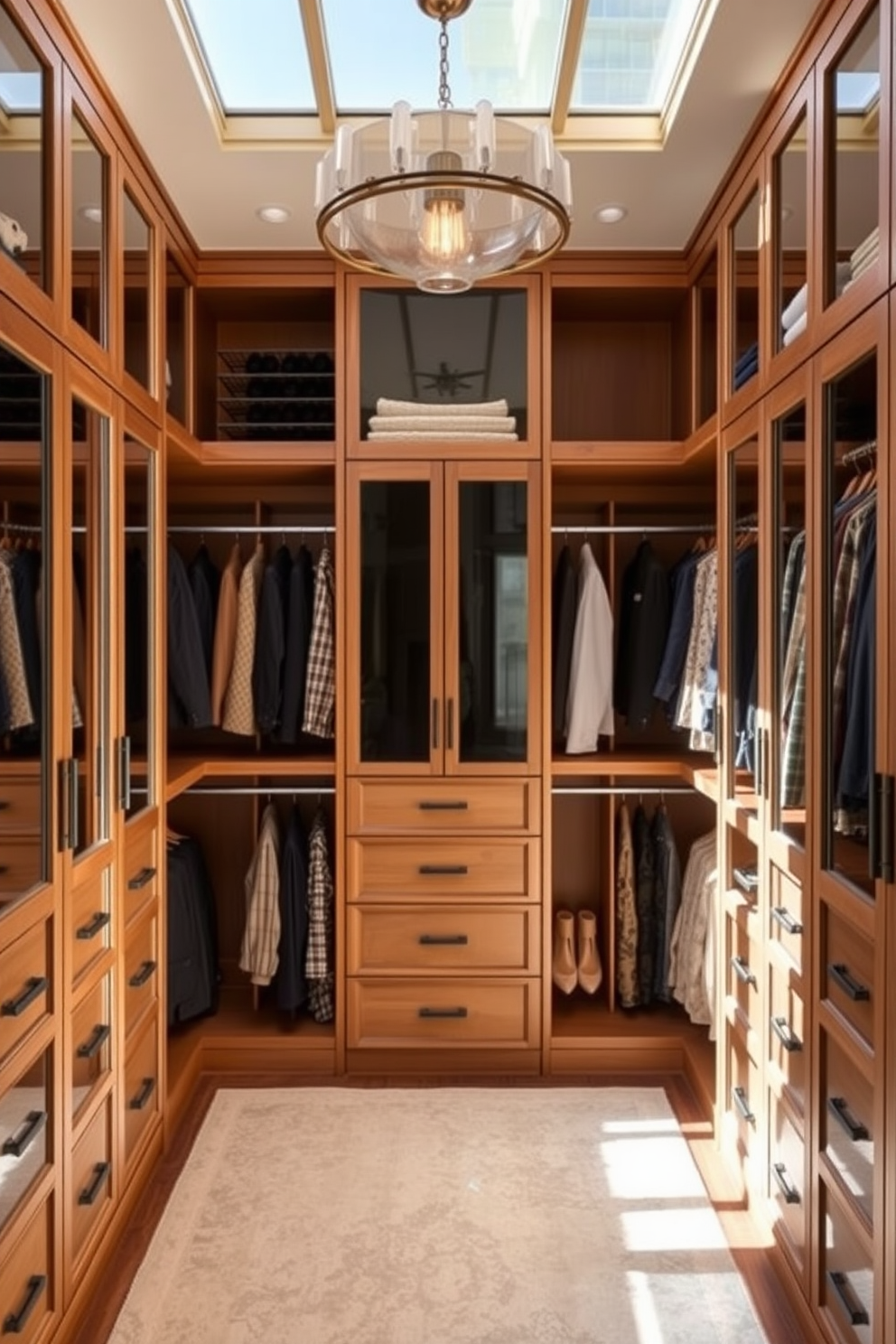 A luxurious walk-in closet featuring floor-to-ceiling windows that flood the space with natural light. The design includes custom shelving and hanging space, elegantly arranged to showcase an extensive wardrobe.