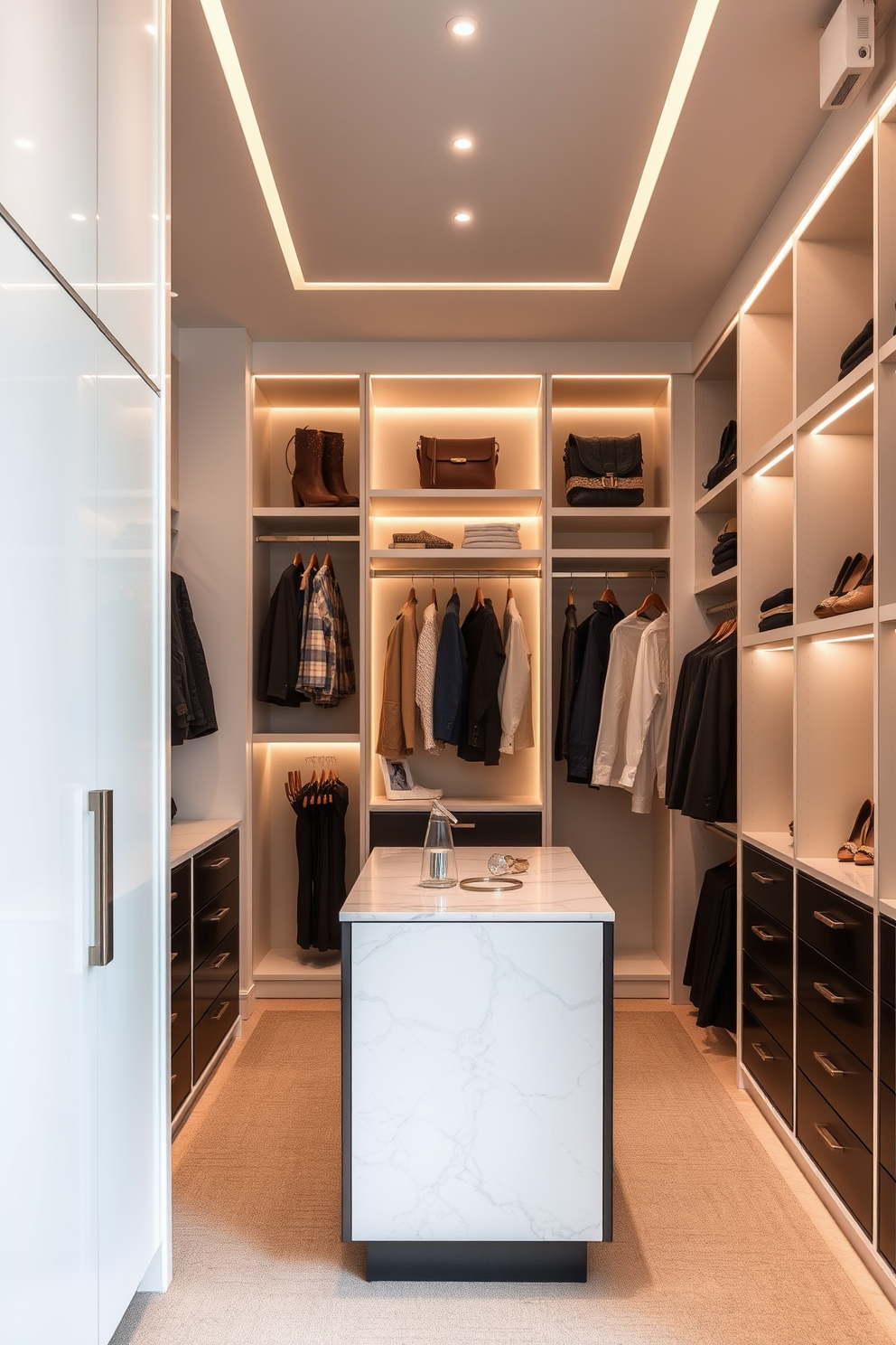 Smart technology for modern convenience. Imagine a sleek walk-in closet featuring automated lighting that adjusts based on the time of day, with motion sensors that illuminate the space as you enter. Elegant walk-in closet design ideas. Picture a spacious area adorned with custom cabinetry, soft-close drawers, and a central island topped with a luxurious marble surface for displaying accessories and jewelry.