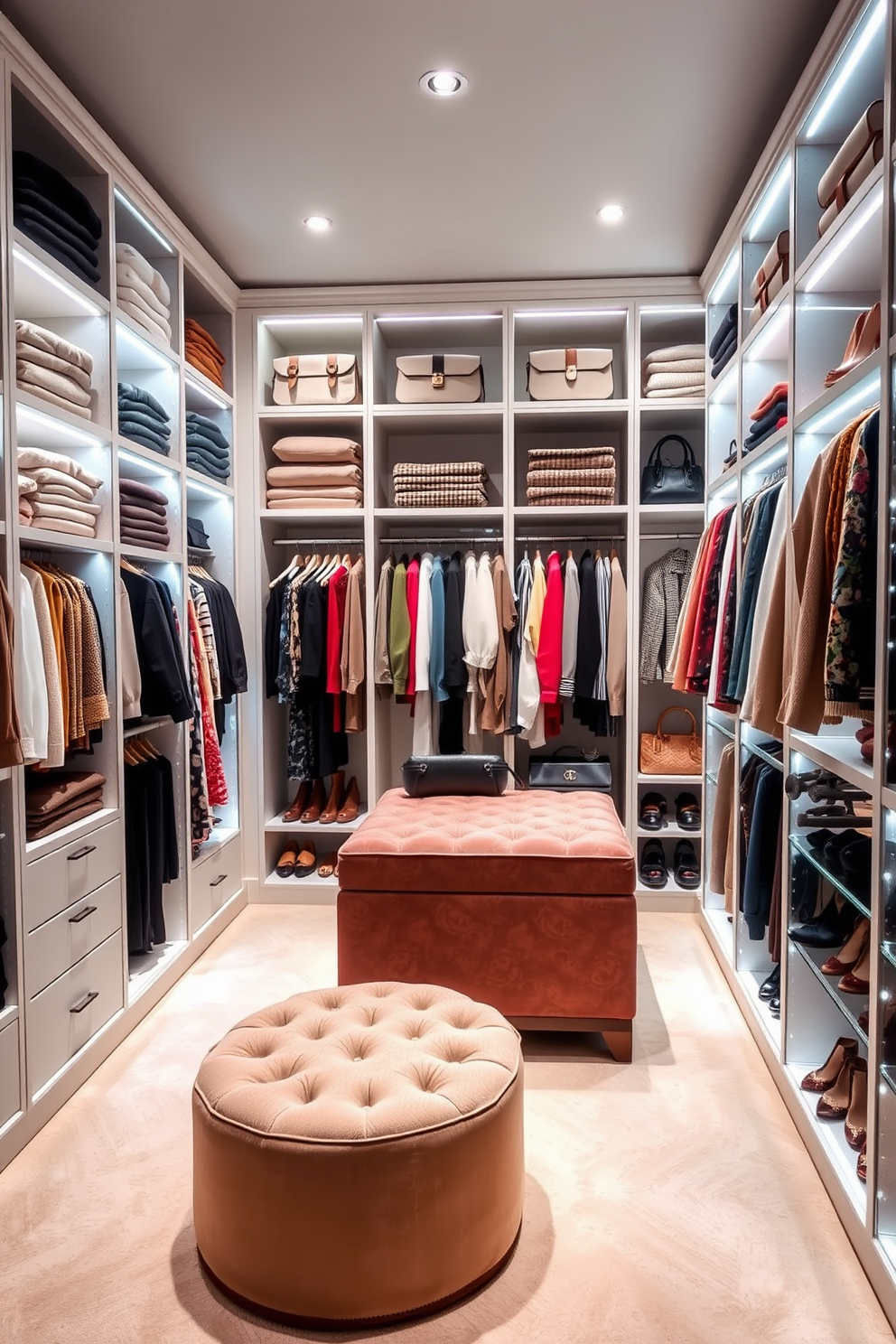 A stylish walk-in closet featuring color-coordinated clothing organized by shades and styles. Shelving units are lined with neatly folded sweaters and accessories, while hanging garments are arranged in a gradient from light to dark. The closet has a plush ottoman in the center for seating, surrounded by well-lit display areas for shoes and handbags. Soft, ambient lighting enhances the luxurious feel, and a large mirror reflects the organized space, adding depth and elegance.