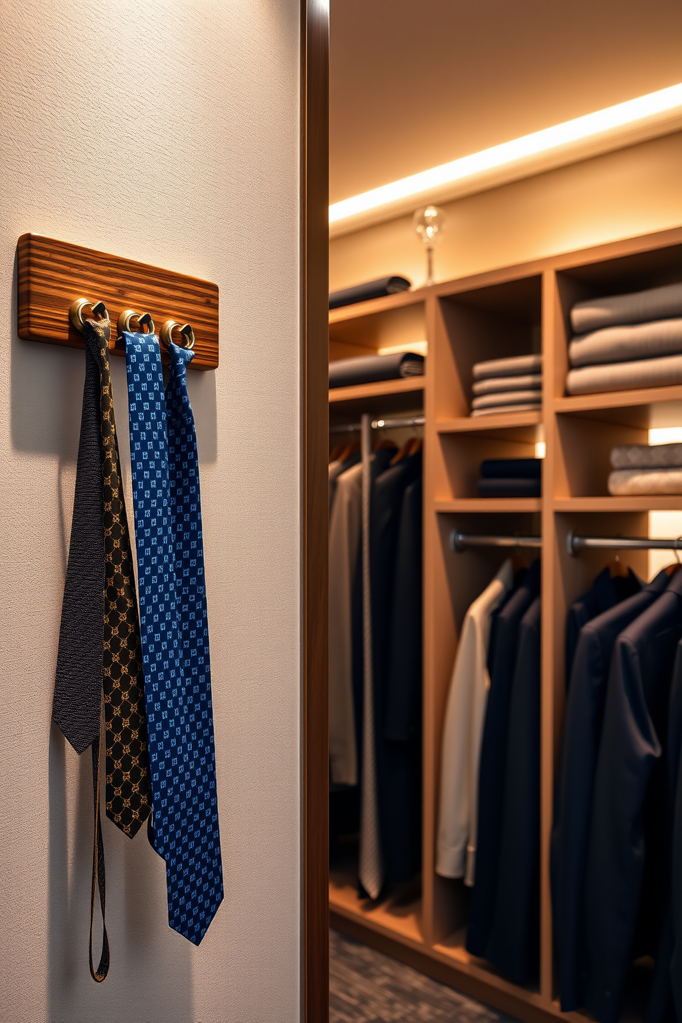 A stylish tie and belt rack is mounted on the wall, crafted from sleek wood with a polished finish. The rack features multiple hooks for ties and a dedicated section for belts, ensuring easy access and organization. The elegant walk-in closet is designed with custom shelving and soft ambient lighting. Luxurious fabrics and accessories are displayed neatly, creating a sophisticated and inviting space for wardrobe selection.