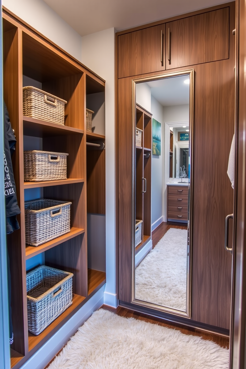 A stylish walk-in closet featuring decorative baskets for additional storage. The baskets are woven in a natural texture and are neatly arranged on shelves, complementing the wooden cabinetry. Soft lighting illuminates the space, highlighting the elegant design of the closet. A plush area rug adds warmth underfoot, while a full-length mirror reflects the organized layout.