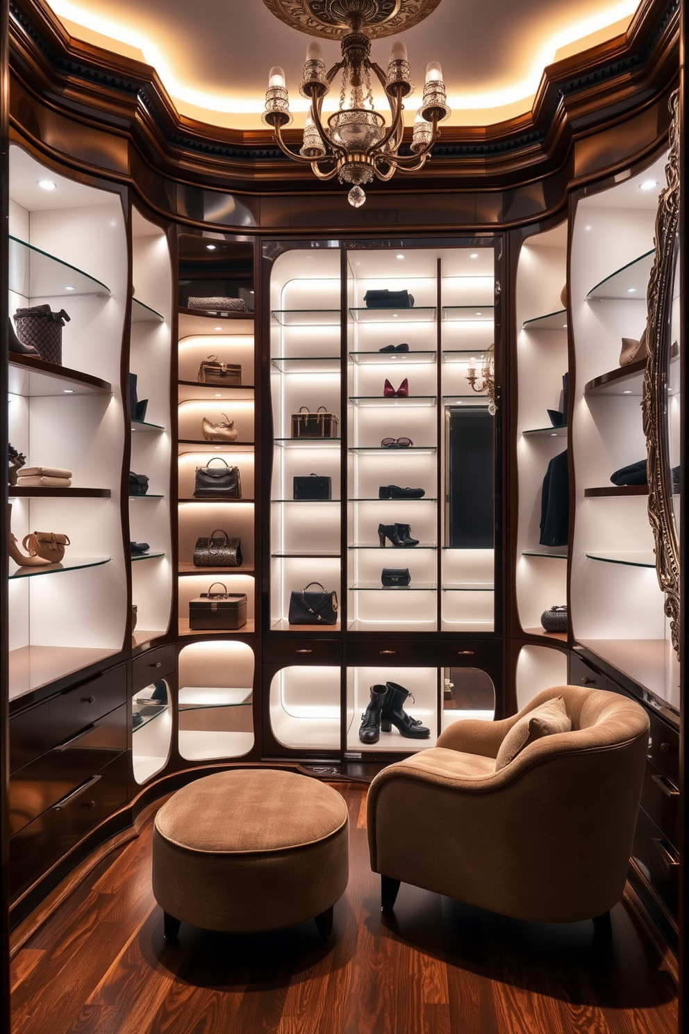 A luxurious walk-in closet featuring sculptural shelving units that create a visual statement. The space is illuminated by soft, ambient lighting that highlights the unique shapes of the shelves and the curated display of accessories. Rich wooden finishes complement the elegant design, while plush seating invites relaxation. A large, ornate mirror reflects the artistry of the closet, enhancing the overall sophistication of the space.