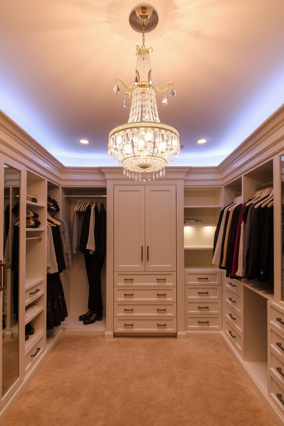 A chic chandelier hangs gracefully from the ceiling, casting a warm glow across the room. Its intricate design features crystal accents that reflect light beautifully, enhancing the overall elegance of the space. The walk-in closet is designed with custom shelving and soft close drawers, providing ample storage for clothing and accessories. Plush carpeting underfoot adds a touch of luxury, while built-in lighting highlights the carefully curated wardrobe.