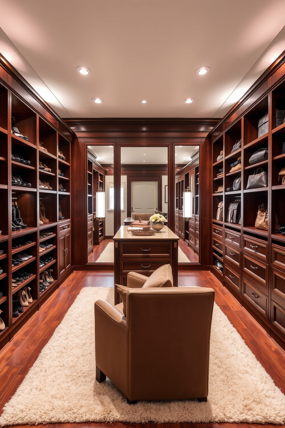 Classic wood finishes for warmth. Imagine a spacious walk-in closet featuring rich mahogany cabinetry that provides ample storage. The shelves are lined with neatly arranged shoes and handbags, while a plush area rug adds comfort underfoot. Soft lighting illuminates the space, highlighting the elegant details of the woodwork. Elegant walk-in-closet design ideas. Picture a luxurious closet with floor-to-ceiling mirrors that create an illusion of depth and brightness. An island in the center offers additional storage and a dedicated space for accessories, while a cozy seating area invites relaxation amidst the organized beauty.