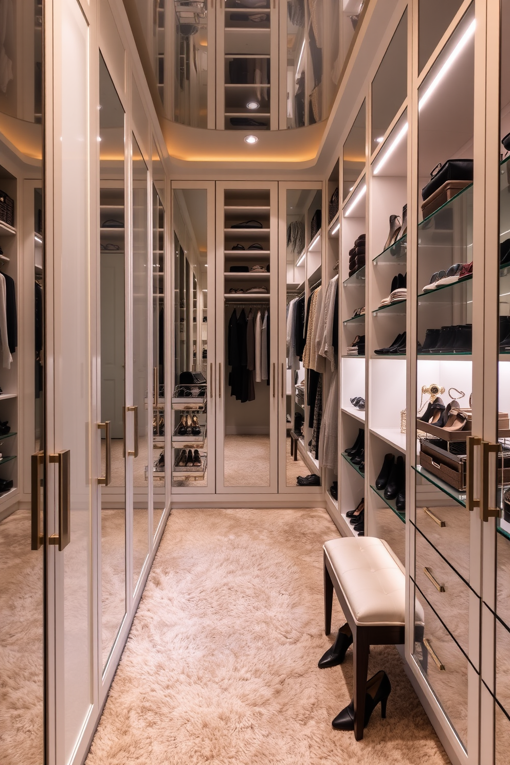 A luxurious walk-in closet featuring mirrored cabinets to create a sense of spaciousness. The design incorporates soft LED lighting that highlights the elegant finishes and organized shelving. The closet is adorned with plush carpeting and a chic seating area for comfort. Accessories and shoes are neatly displayed, adding to the overall sophistication of the space.