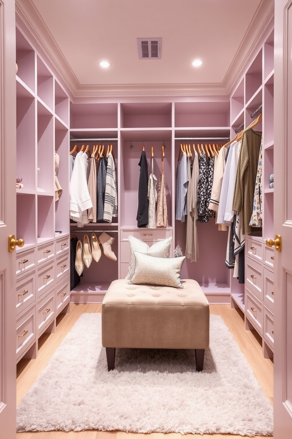 A serene walk-in closet designed with a soft pastel color palette creates a tranquil atmosphere. The walls are painted in a gentle blush, complemented by light lavender accents and a plush area rug. The closet features custom shelving and hanging space organized with elegant wooden hangers. A chic ottoman sits in the center, adorned with a few decorative pillows for added comfort and style.