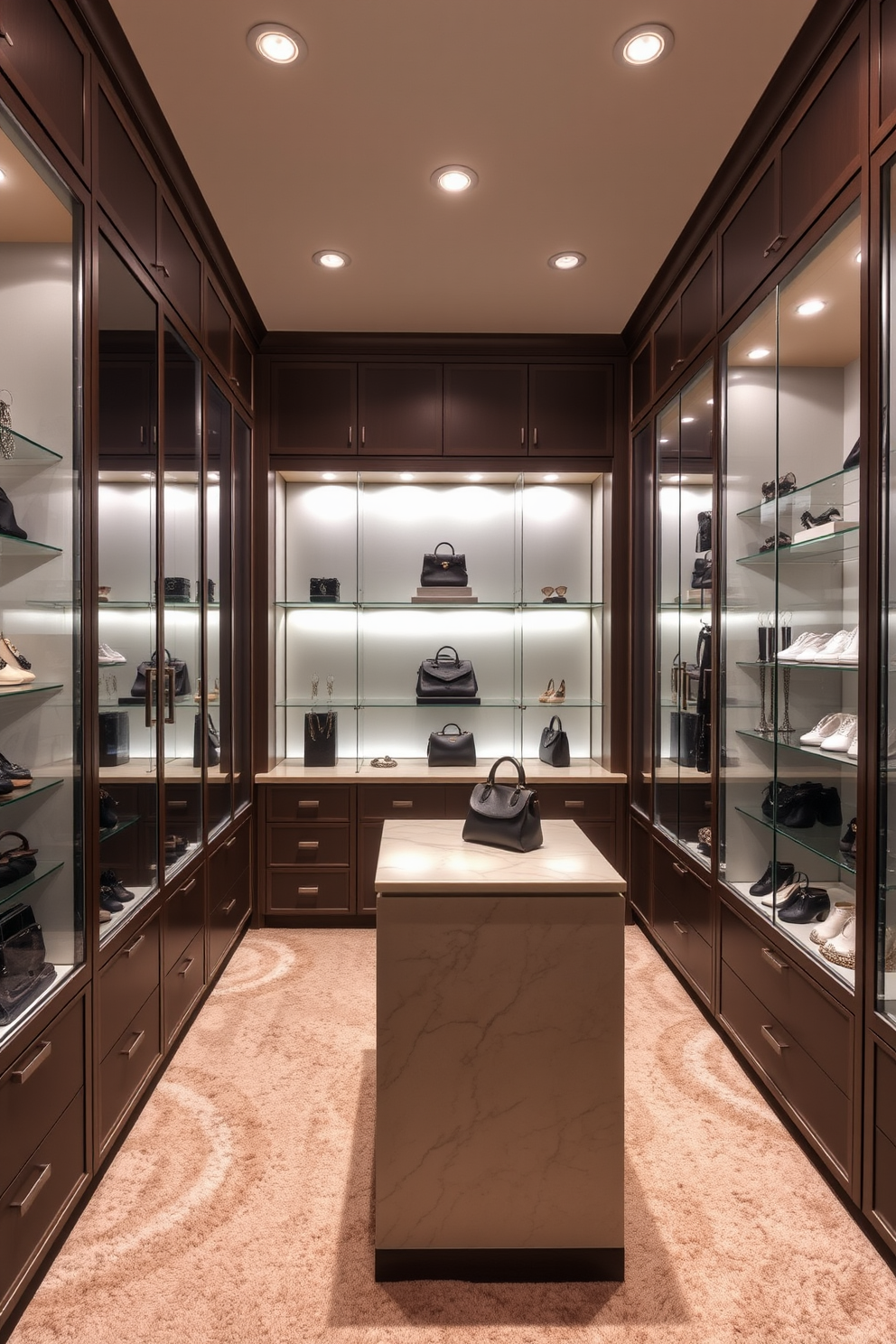 A luxurious walk-in closet featuring glass display cases for accessories. The space is illuminated by soft lighting that highlights the elegant design and showcases the carefully arranged items within the cases. The walls are lined with sleek cabinetry and plush carpeting adds a touch of comfort. A central island with a marble top provides additional storage and a stylish area for displaying jewelry and handbags.