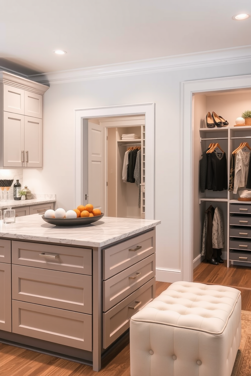 A stylish kitchen island features sleek cabinetry with integrated storage drawers for optimal organization. The surface is topped with a beautiful quartz countertop, providing ample space for food preparation and casual dining. An elegant walk-in closet showcases custom shelving and hanging space, designed for both functionality and aesthetics. Soft lighting highlights the luxurious finishes, while a plush ottoman adds comfort and style to the space.