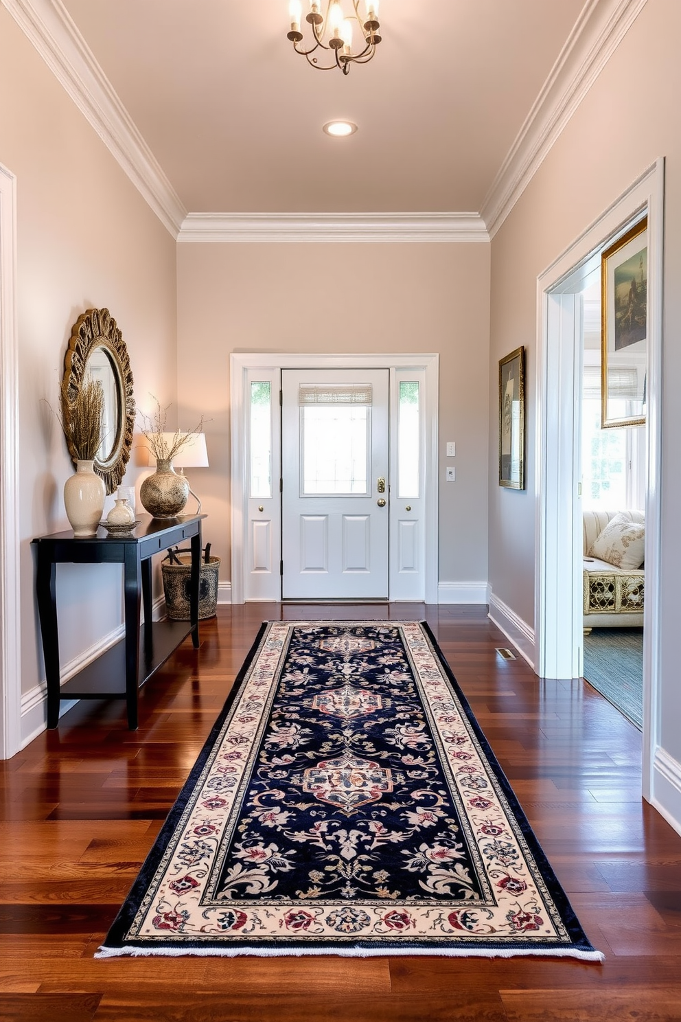 An elegant runner rug stretches across the polished wooden floor of the entrance foyer, adding warmth and texture to the space. The foyer features soft, ambient lighting that highlights the rug's intricate patterns and complements the surrounding decor. The walls are adorned with subtle artwork that enhances the welcoming atmosphere, while a stylish console table sits against one side. A decorative mirror hangs above the table, reflecting light and creating a sense of depth in the foyer.