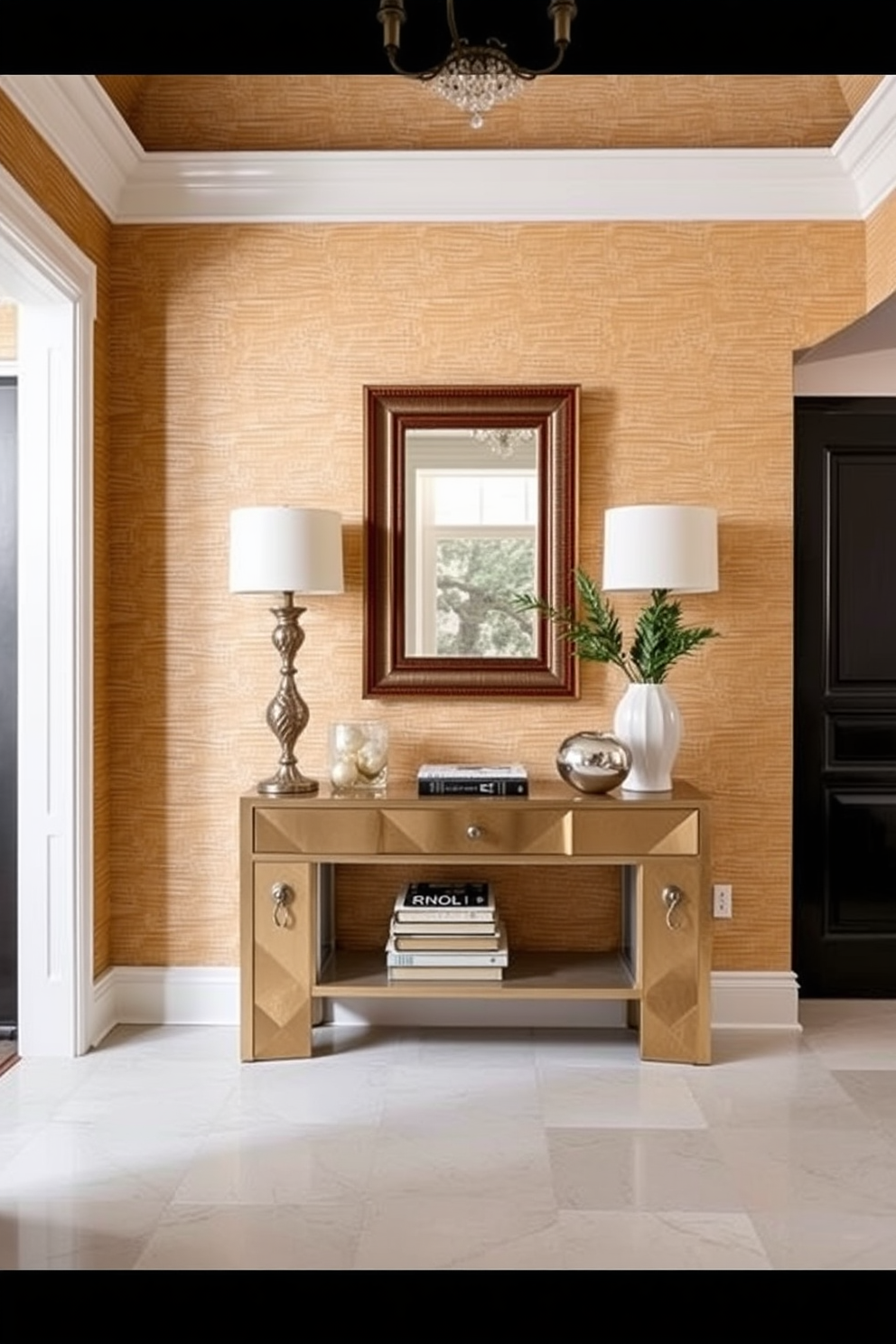 A stunning entrance foyer featuring textured wallpaper that adds depth and character to the space. The foyer includes a stylish console table adorned with decorative items and a statement mirror above it, creating an inviting atmosphere.