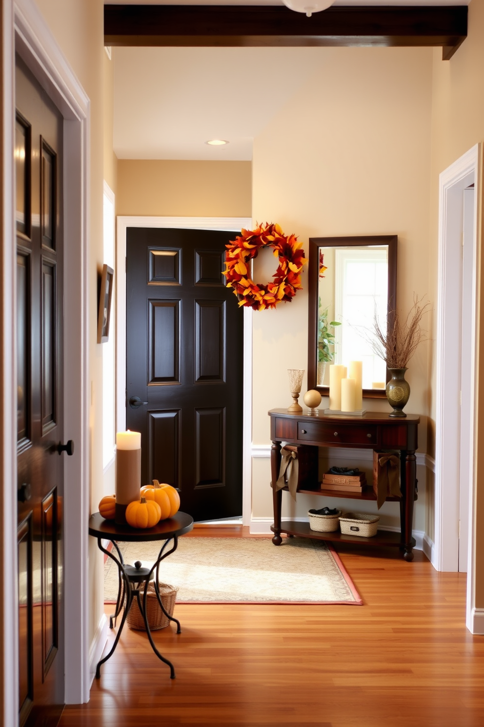 A warm and inviting entrance foyer adorned with seasonal decor. A beautifully arranged wreath made of autumn leaves hangs on the front door, while a small table displays pumpkins and candles to create a cozy atmosphere. The walls are painted in a soft beige, complemented by a stylish console table in dark wood. A large mirror above the table reflects the natural light coming from a nearby window, enhancing the space's openness and charm.