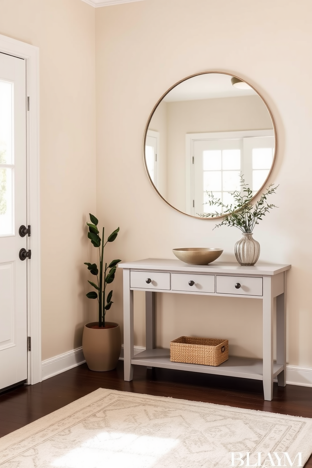 A serene entrance foyer featuring a neutral color palette that promotes a calming effect. The walls are painted in soft beige, complemented by a light gray console table adorned with a simple decorative bowl. A large round mirror hangs above the console, reflecting natural light from a nearby window. A plush area rug in muted tones adds warmth to the space, while a single potted plant brings a touch of greenery.