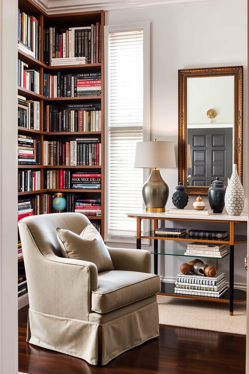 Cozy reading nook with a small chair. The nook features a plush armchair in a soft fabric, positioned beside a tall bookshelf filled with an eclectic collection of books. Entrance foyer design ideas. The foyer includes a stylish console table adorned with decorative objects and a large mirror above it, creating an inviting first impression.